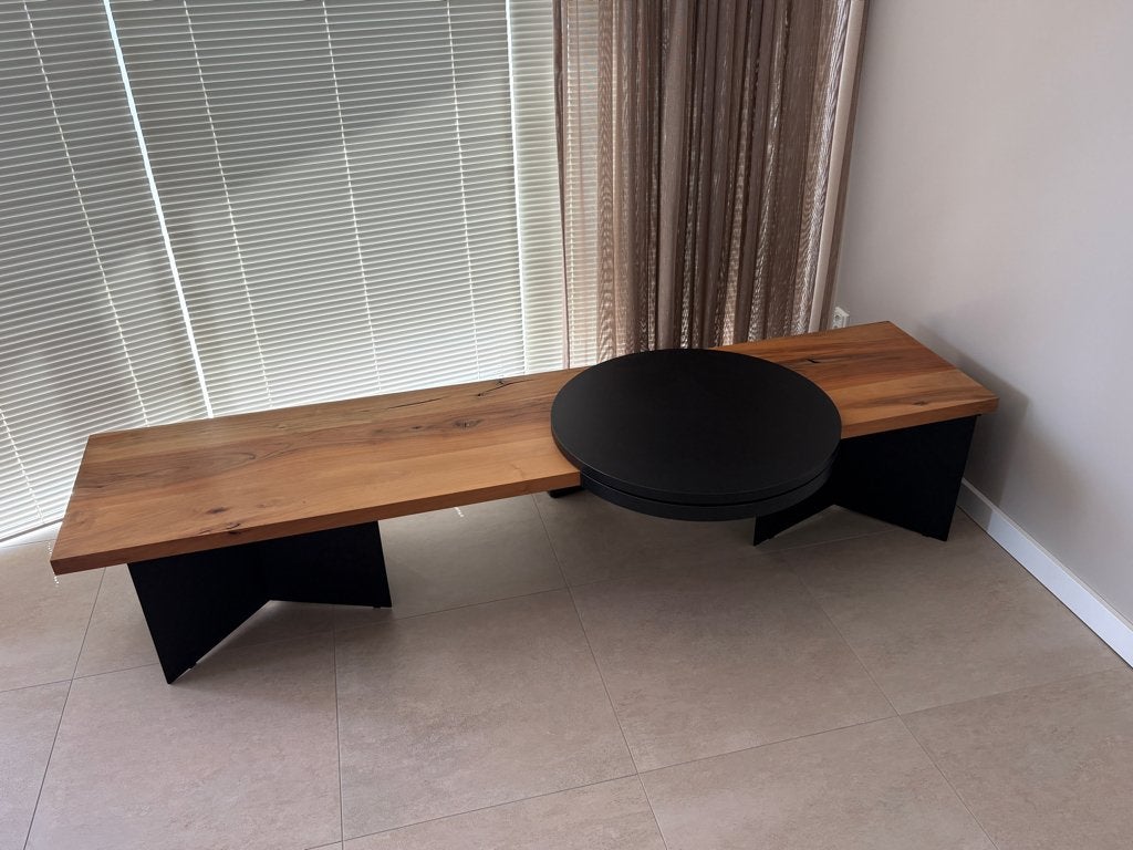 Tv meubel/wandplank met draaischijf hout/zwart (220x50 cm), Zo goed als nieuw, 200 cm of meer, Minder dan 100 cm, 50 tot 75 cm