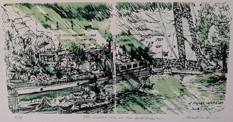Tekening Emeline Lin: het boothuis in de plotseling regenbui, Ophalen of Verzenden