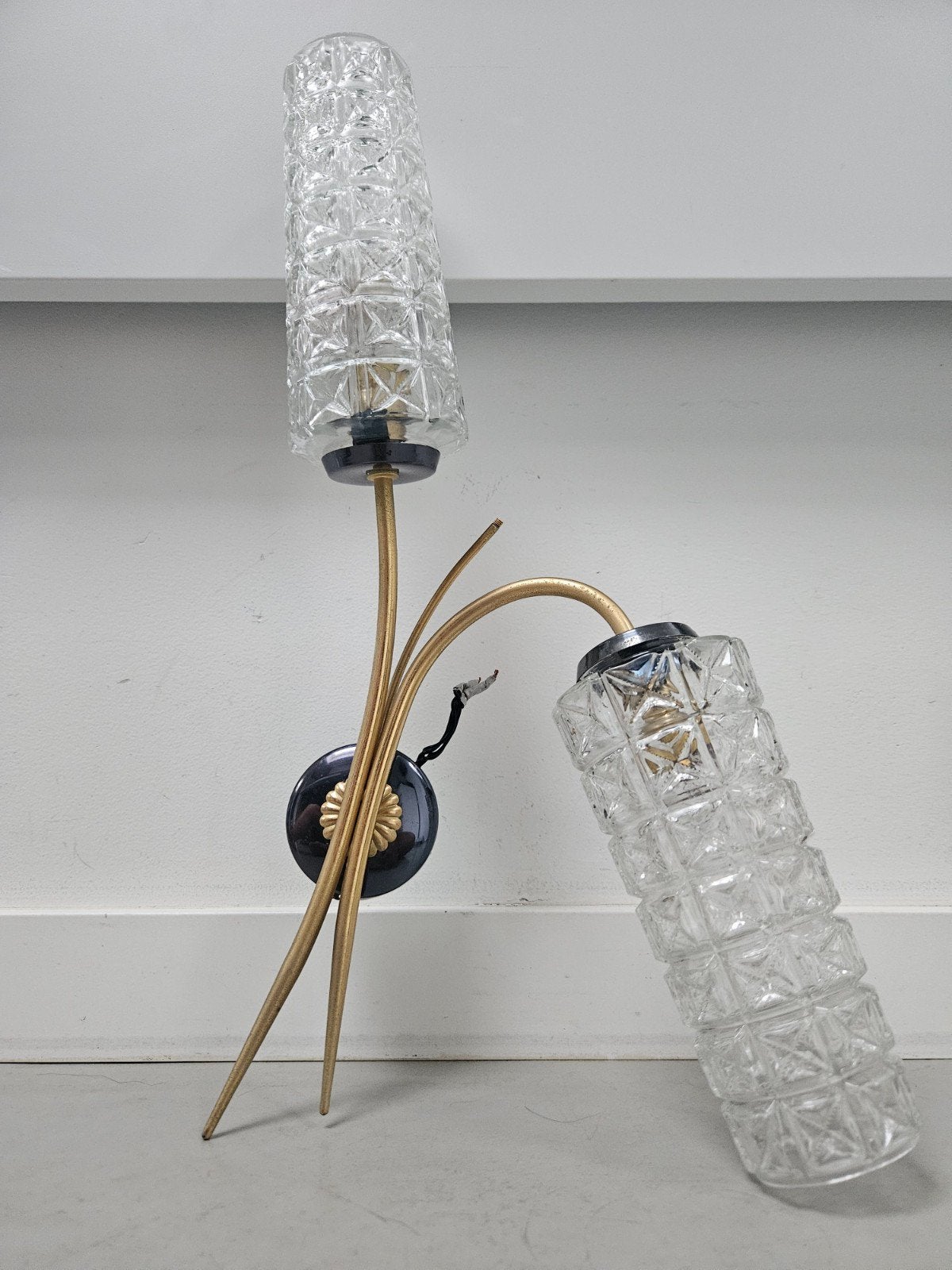 Vintage Mid-Century Wandlamp Jaren 50/60 Messing & Glas, Ophalen of Verzenden, Glas