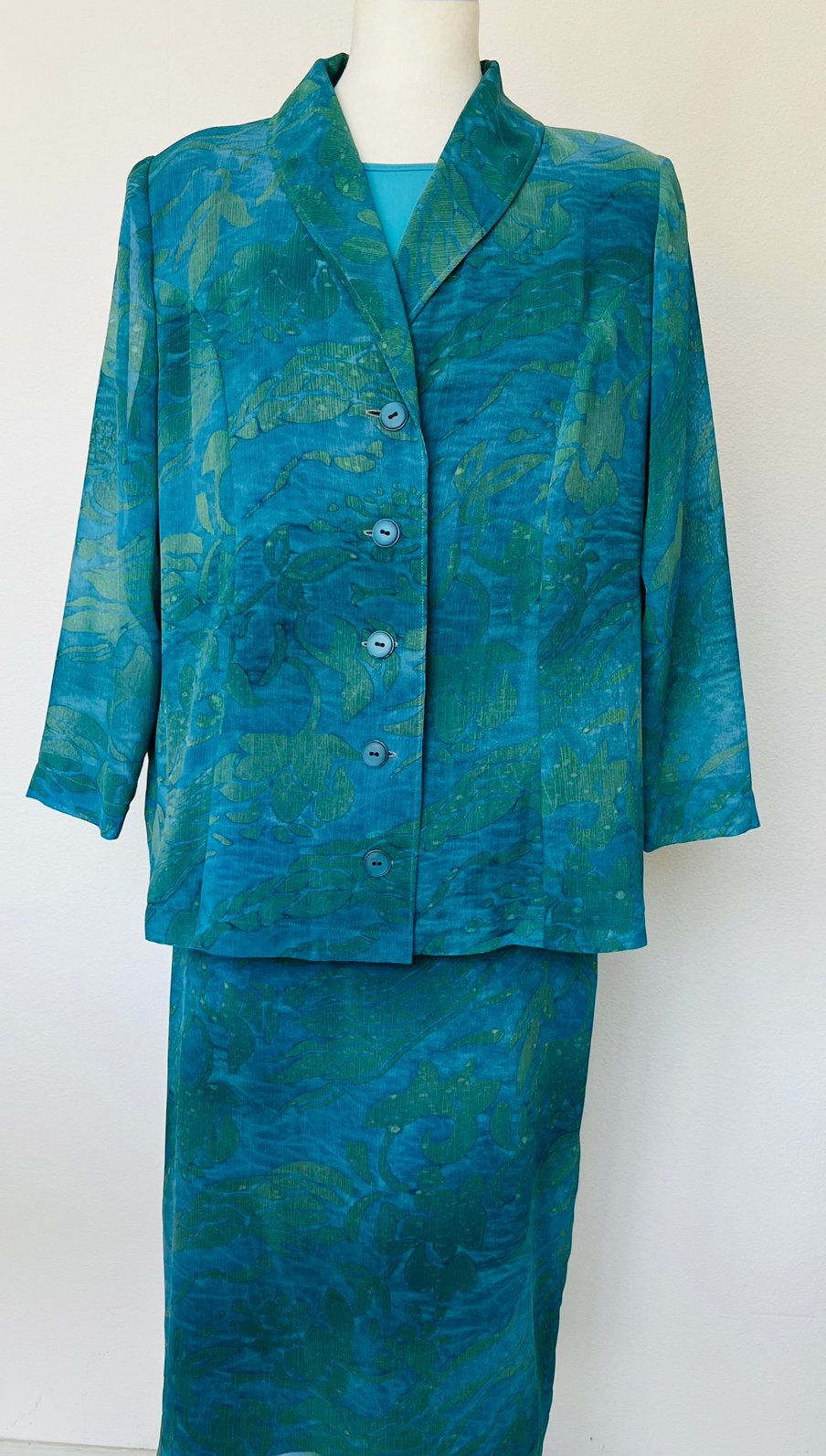 3-delig turquoise mantelpakje door coupeuse genaaid maat 42, Ophalen of Verzenden, Zo goed als nieuw, Maat 42/44 (L), Blauw