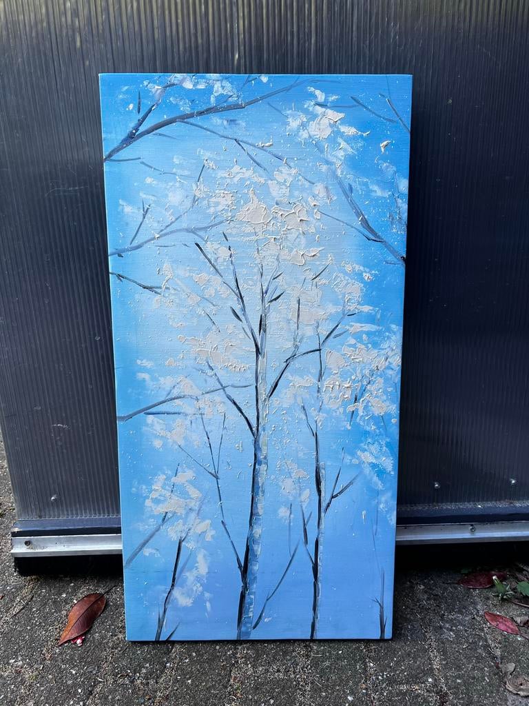 Abstract Schilderij: Winterse Bomen in Blauw en Wit, Ophalen, Zo goed als nieuw, Schilder- en Tekenkunst