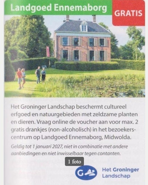 Landgoed Ennemaborg link voor 2 gratis drankjes, Tickets en Kaartjes, Musea, Twee personen, Ticket of Toegangskaart
