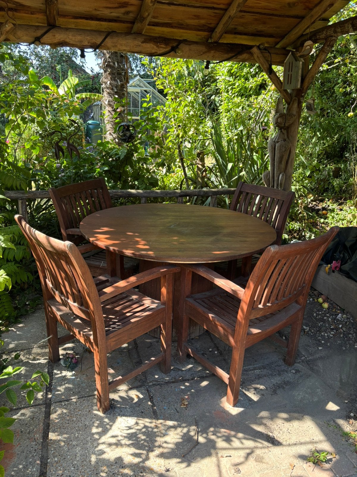 Mooie hardhouten ronde tuinset, Tuin en Terras, Tuinsets en Loungesets, Ophalen, 4 zitplaatsen, Gebruikt, Eettafel