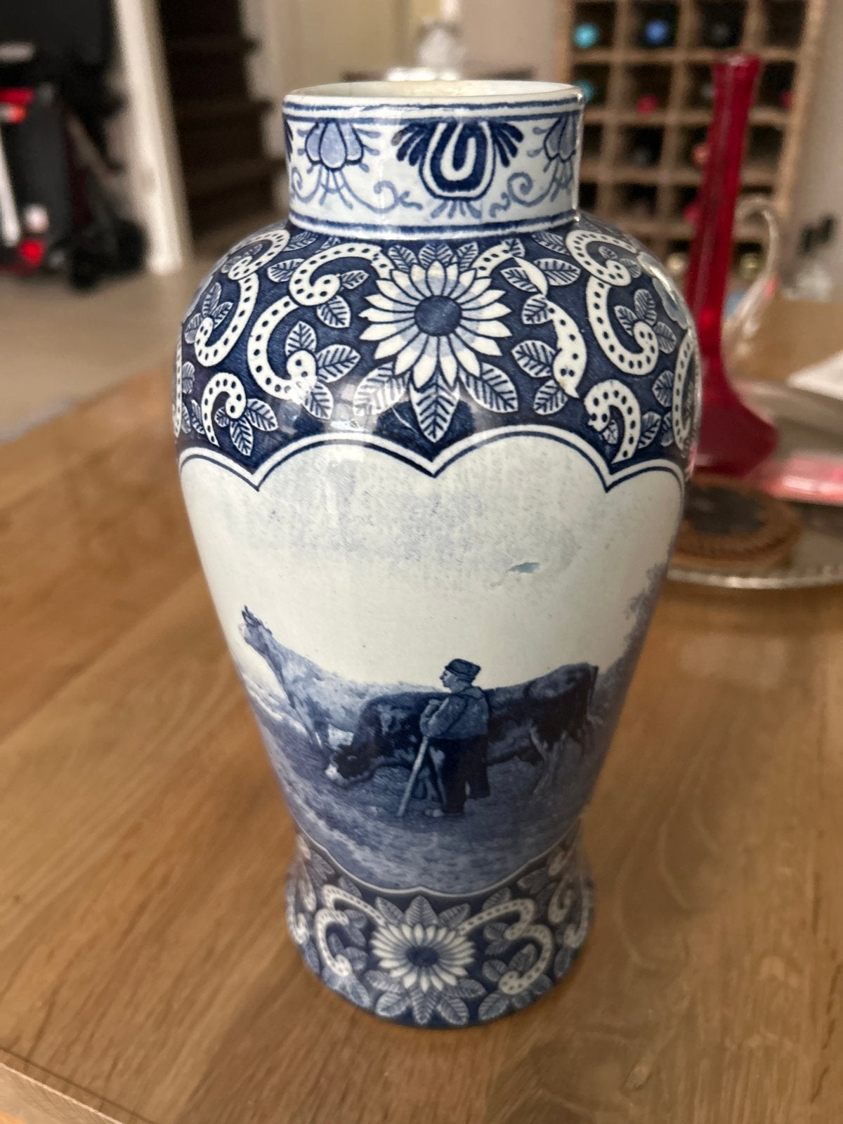 Antieke Delfts Blauwe Vaas met Herder en Koeien, Antiek en Kunst, Ophalen of Verzenden