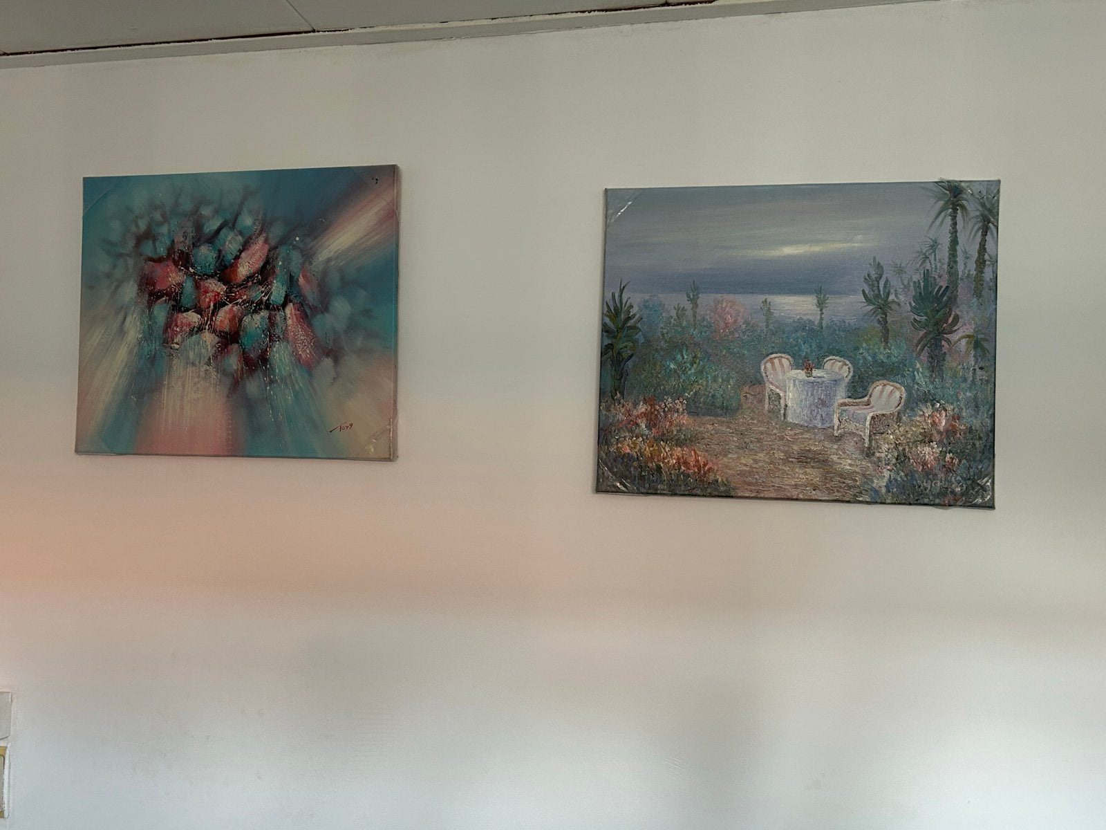2 Schilderijen: Abstract en Landschap met Tuin, Antiek en Kunst, Abstract, Ophalen of Verzenden, Textiel, Gesigneerd