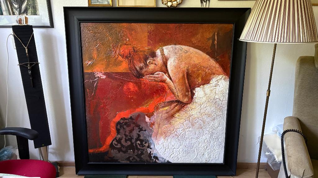 Schilderij 140x140 “ vrouw in avondkledij,dansjurk, Ophalen, Handgeschilderd