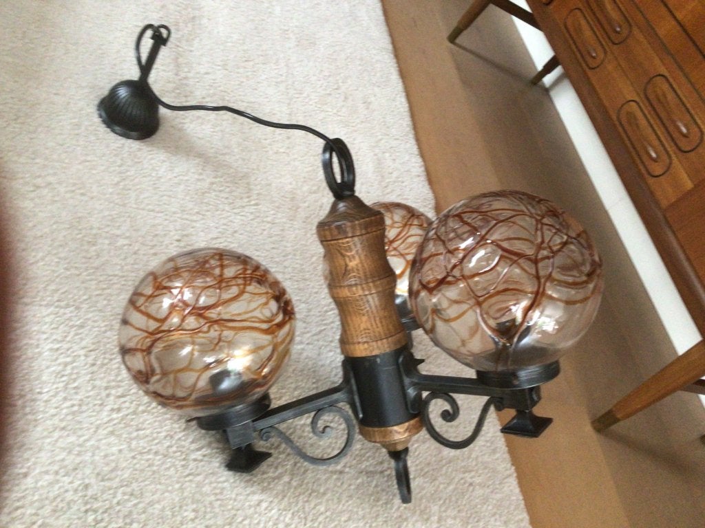 Vintage Murano Swirlz hanglamp 3 bollen hout en ijzer, Ophalen, Zo goed als nieuw, Glas, Vintage