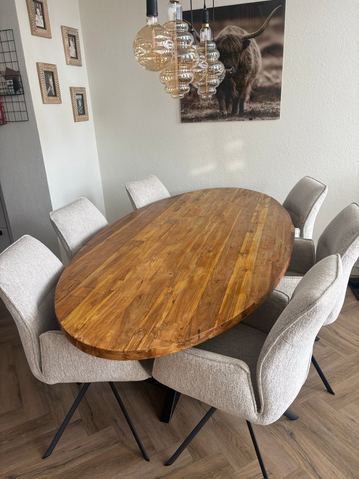 Ovale eettafel met spinpoot - Teakhout 220/120, 100 tot 150 cm, Teakhout, Ophalen of Verzenden, Zo goed als nieuw