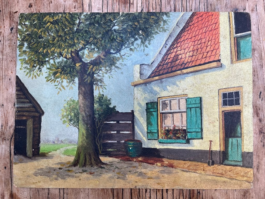 Olieverfschilderij op houten paneel - Hollandse boerderij, Ophalen of Verzenden, Handgeschilderd, Landschap, Paneel