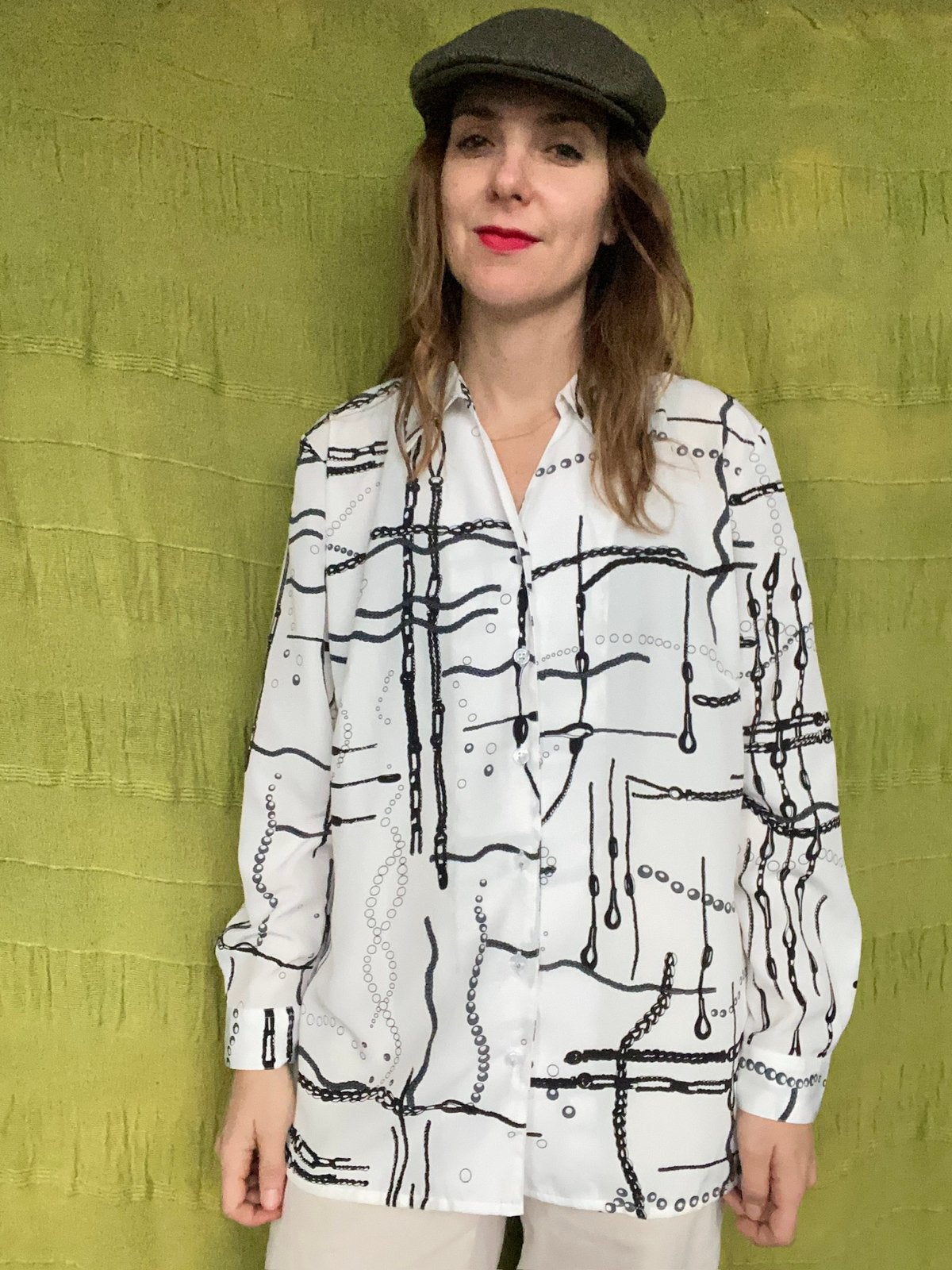 Retro witte blouse / shirt / top -wit met zwarte print XL/42, Hgv, Wit, Hgv, Maat 42/44 (L)