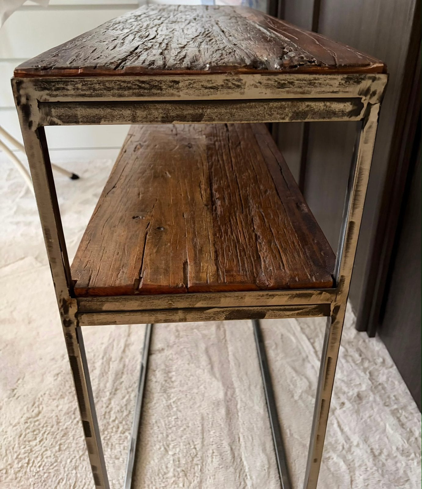 Industriële side table met houten planken, Ophalen, Gebruikt, 75 cm of meer, 60 cm of meer