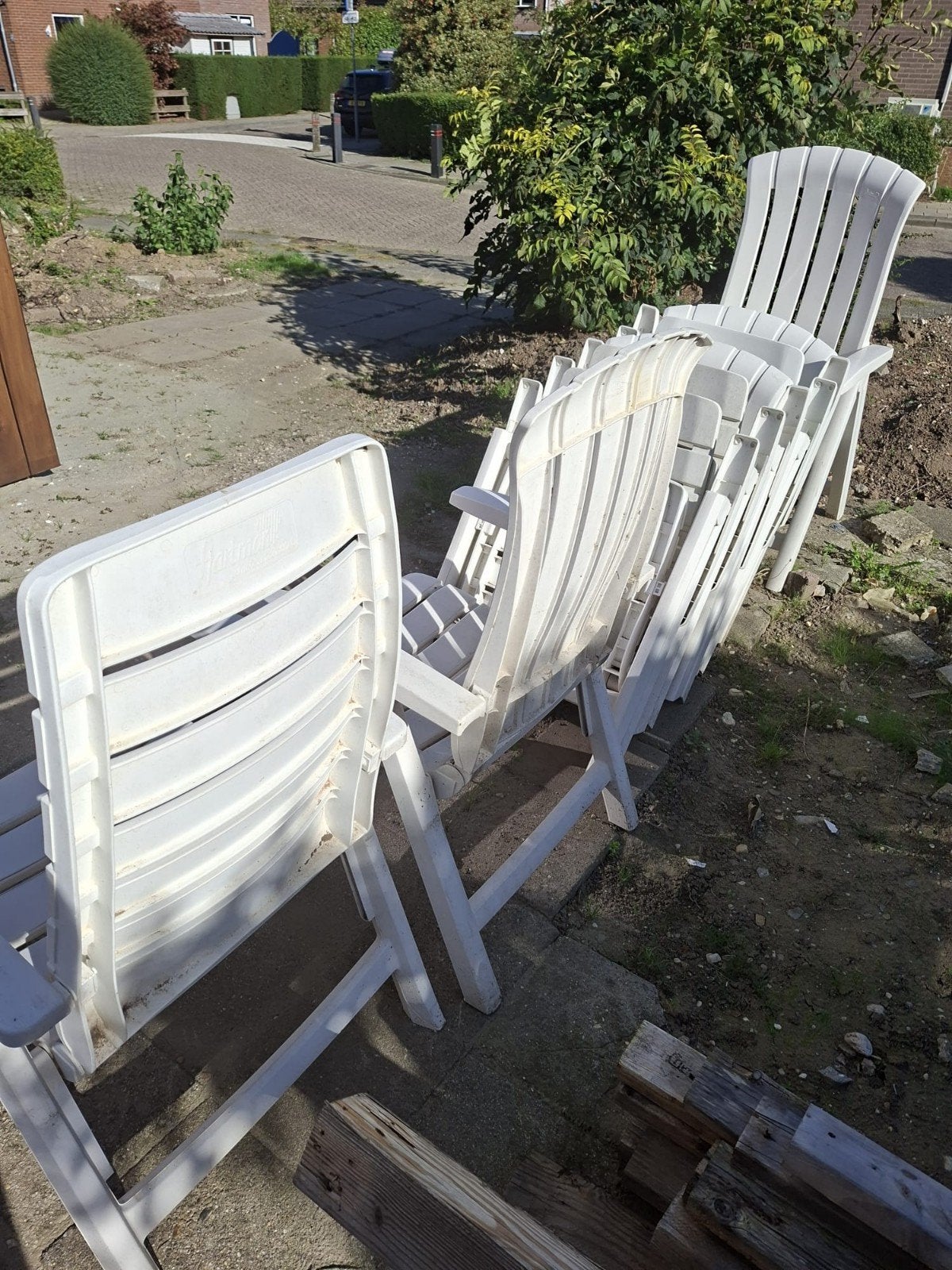 Set van 8 witte Hartman standenstoelen – Kunststof & inklapb, Ophalen, Gebruikt, Kunststof, Inklapbaar
