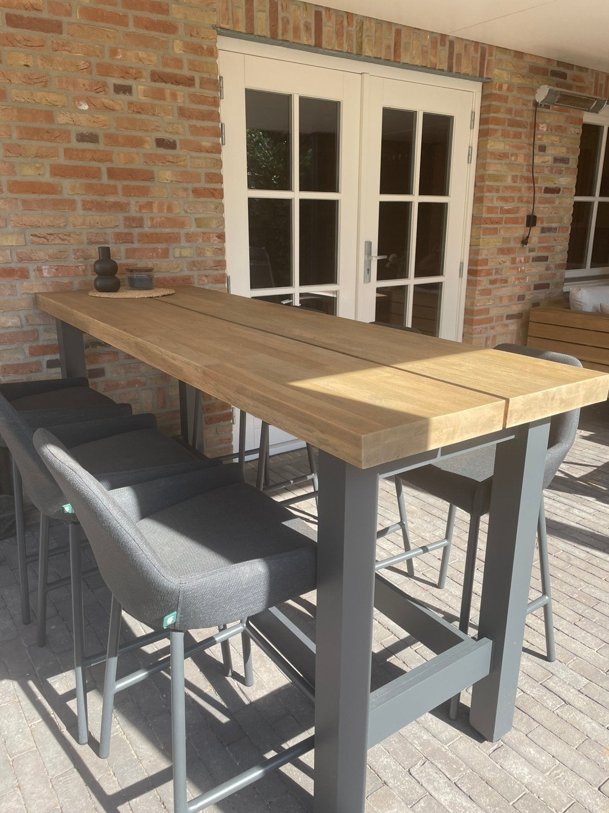 Life outdoor bartafel teak 6 pers 210x70 cm met 6 barkrukken, Ophalen, Zo goed als nieuw