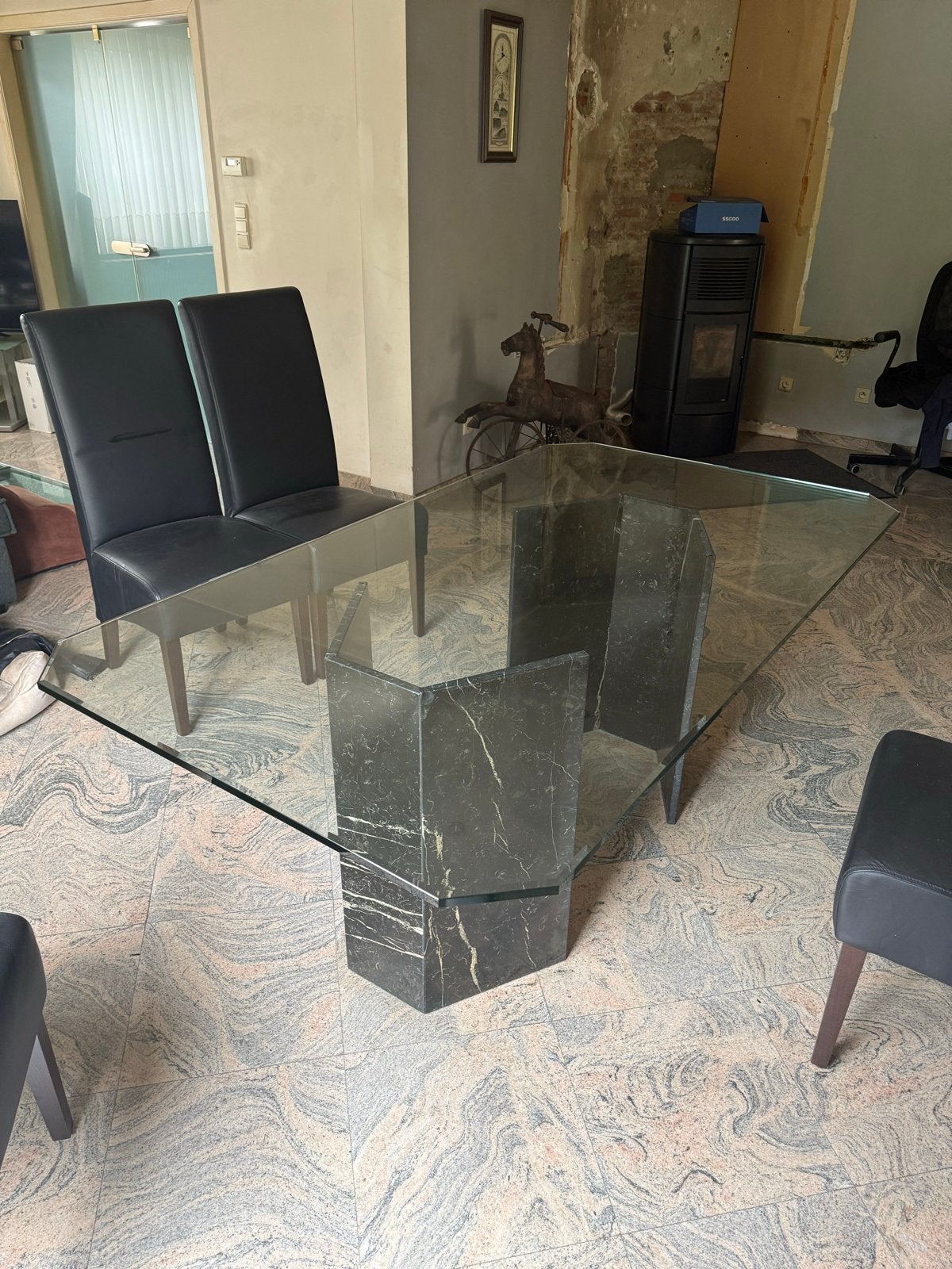 Glazen eettafel met marmeren onderstel incl. 4 stoelen, Ophalen, Gebruikt, 100 tot 150 cm, Glas