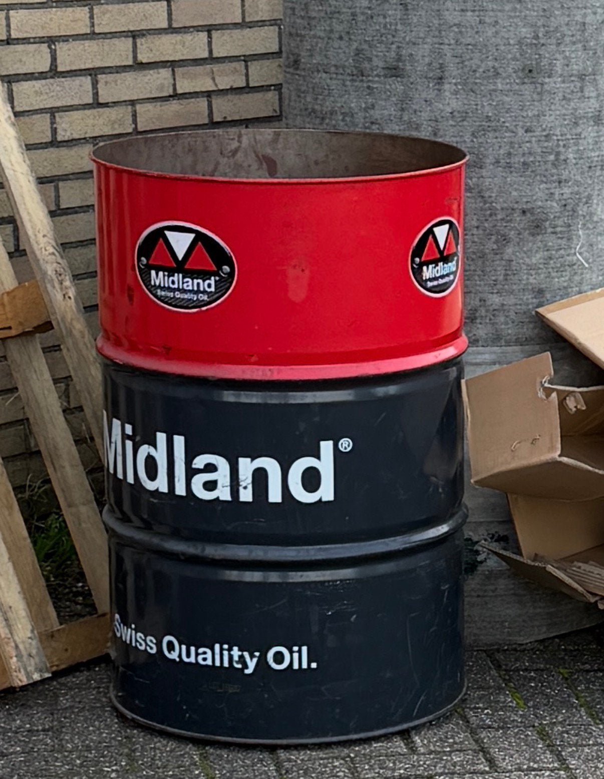 Vintage Midland oliedrum / olievat 200L rood/zwart, Ophalen, Gebruikt
