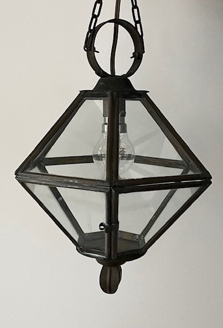 Vintage Franse koperen hal lamp met helder glas, Ophalen of Verzenden, Zo goed als nieuw, Glas, B22 (Bajonetsluiting)