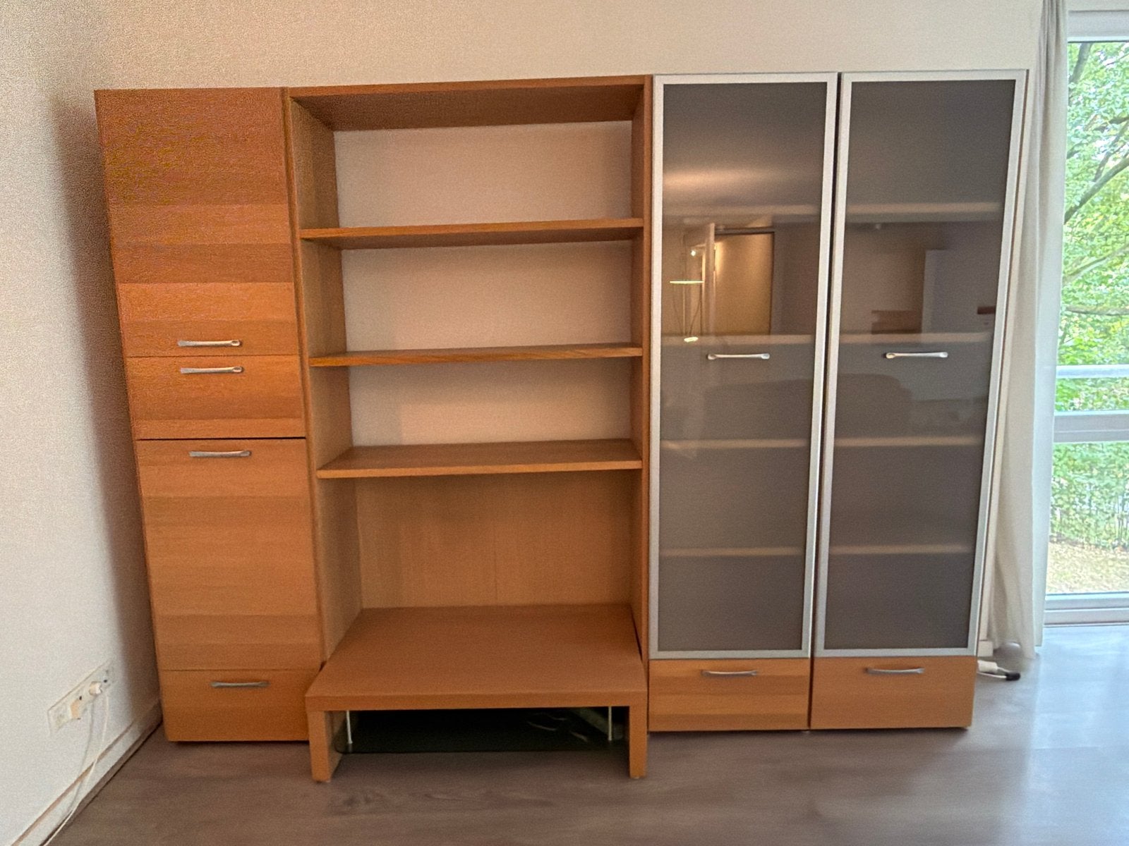 Moderne wandkast met opbergruimte en vitrinekasten, Huis en Inrichting, Ophalen, 250 tot 300 cm, 200 cm of meer, Zo goed als nieuw
