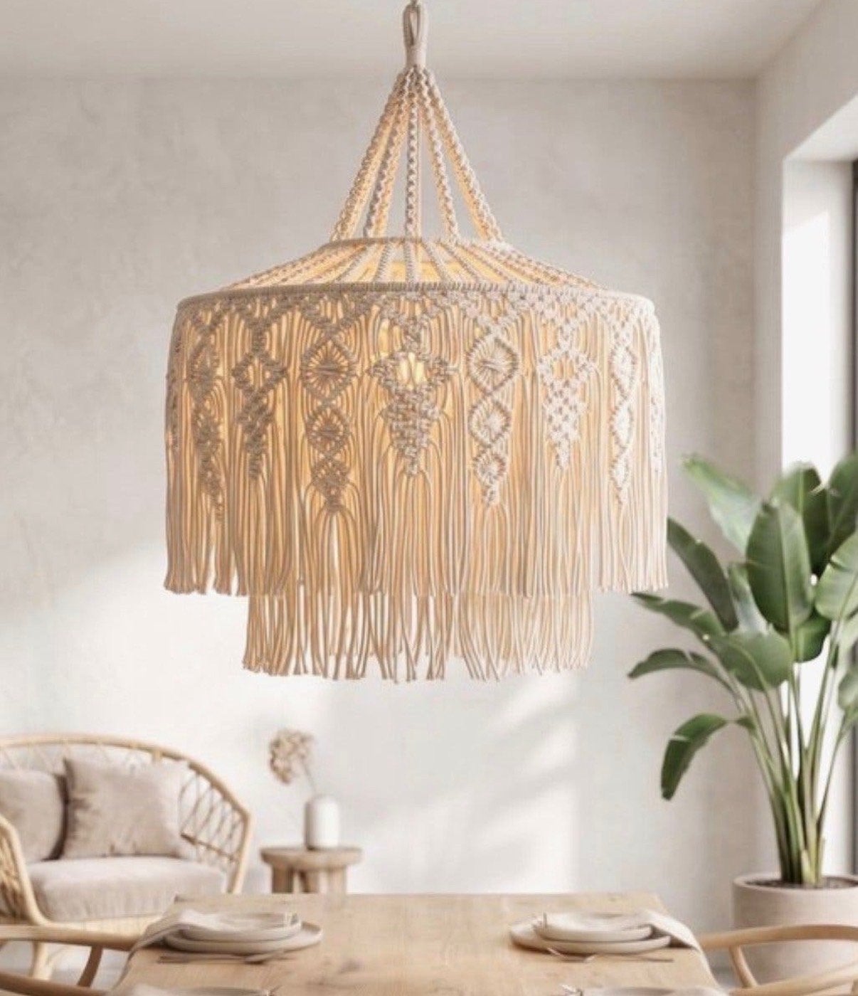 Macramé hanglamp - Boheemse stijl - Handgemaakt, Huis en Inrichting, Macramé, -, Textiel, -
