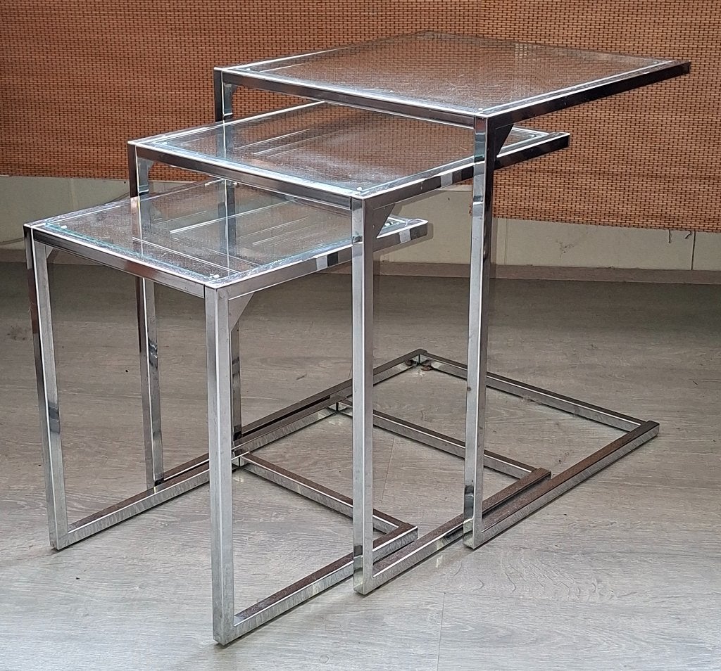 Chrome met glas Mid-Century mimi-set, nestingtables, Ophalen, Gebruikt, 50 tot 100 cm, MidCentury