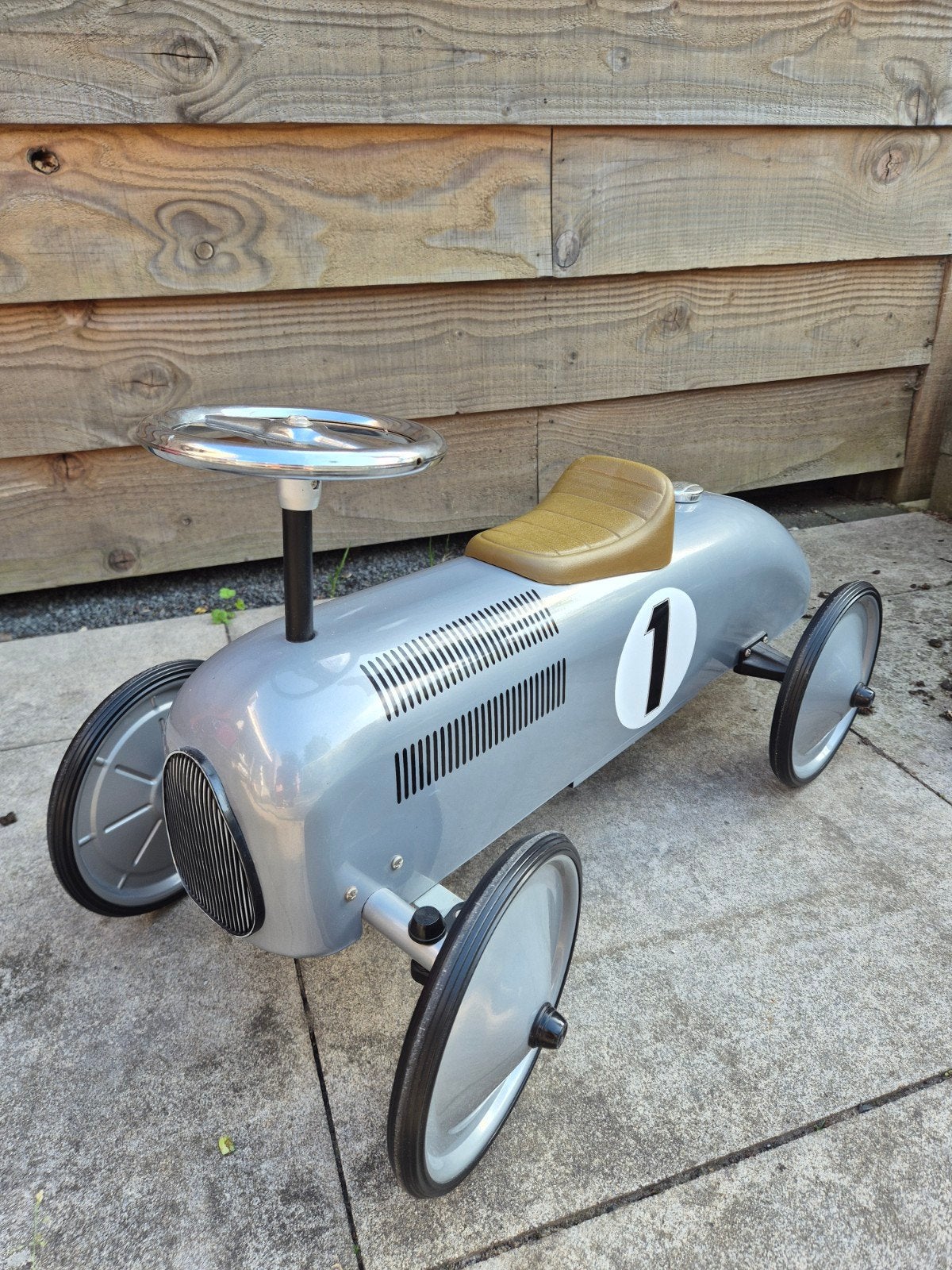 Vintage Stijl Trapauto - Zilveren Raceauto voor Kinderen, Ophalen of Verzenden, Zo goed als nieuw