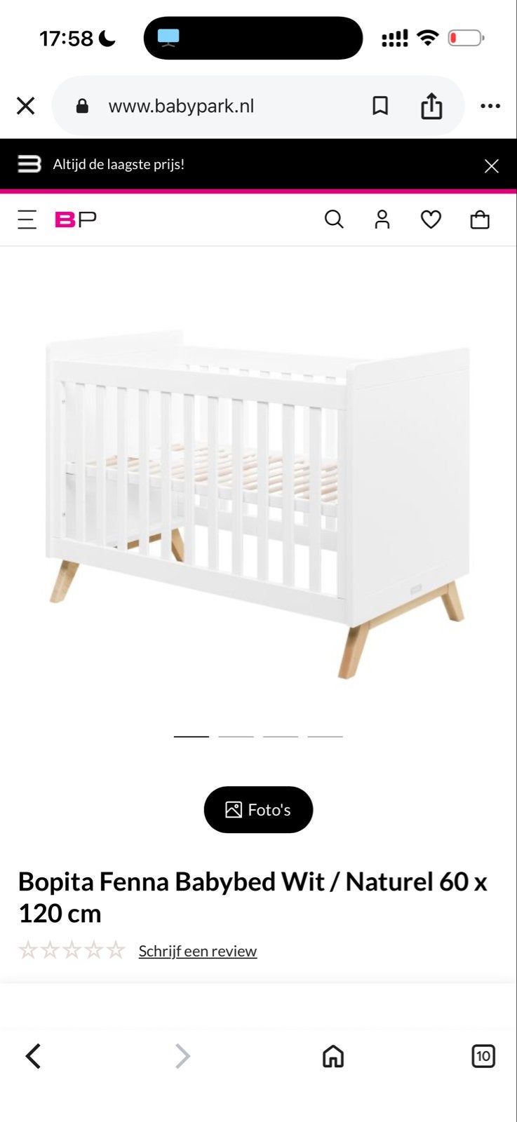 Bopita Fenna Babybed Wit / Naturel 60 x 120 cm, Ophalen, Gebruikt, 100 cm of meer, Lattenbodem
