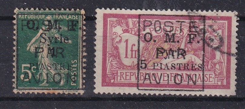 X176B) 2x Syrie op Franse zegels oa Aleppo Mi 7 €2300 opdr?, Ophalen of Verzenden, Gestempeld