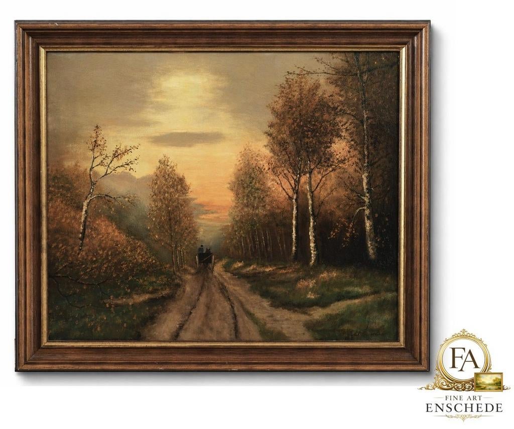 Schilderij: Herfstlandschap met koets bij zonsondergang, Ophalen of Verzenden