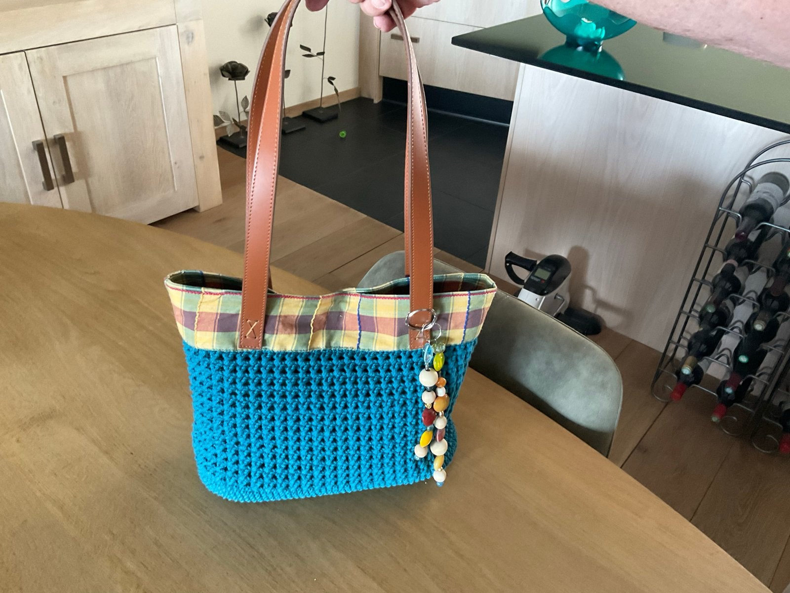 Handgemaakte gehaakte tas met ruitjespatroon voering, Verzenden, Nieuw, Blauw, Handtas