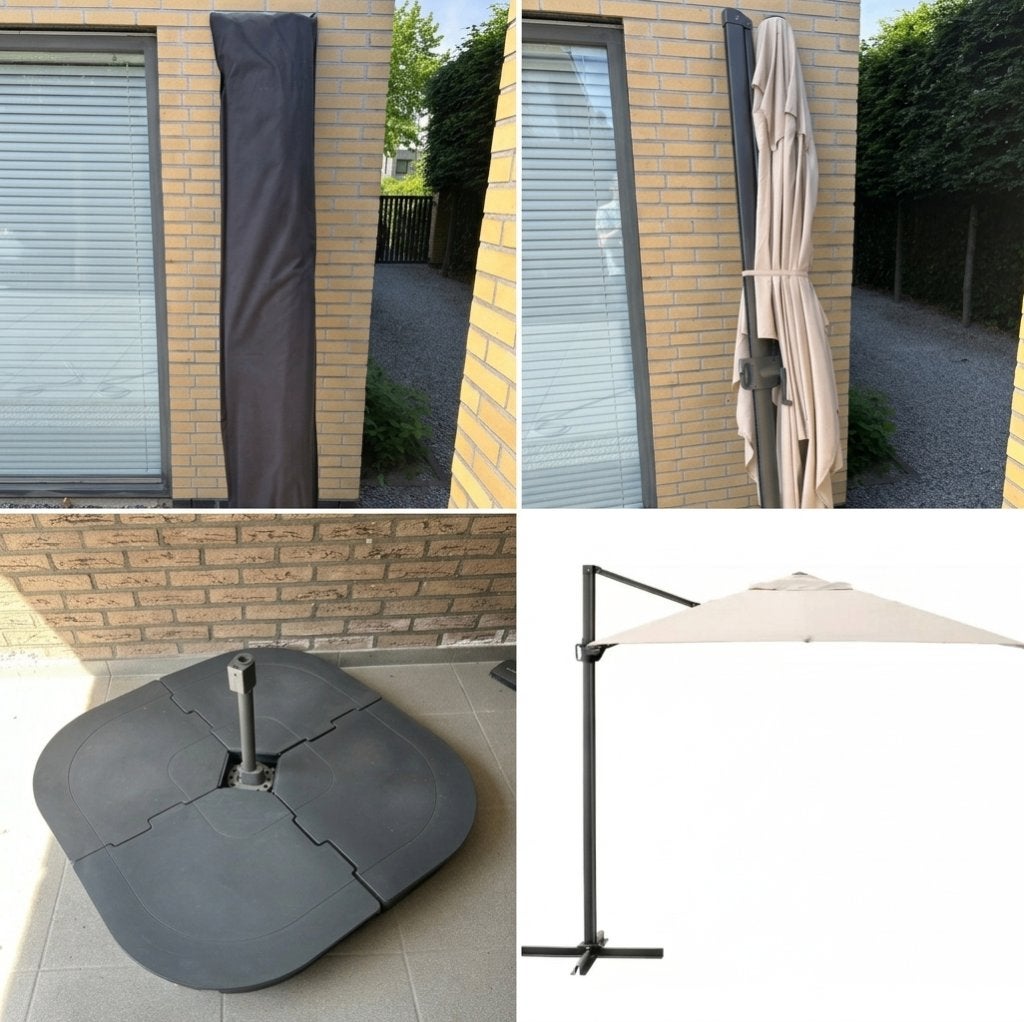 ZGAN IKEA SEGLARÖ Parasol, beige, 330x240 cm + voet + hoes, Tuin en Terras, Parasols, Ophalen, 2 tot 3 meter, Verstelbaar, Zweefparasol