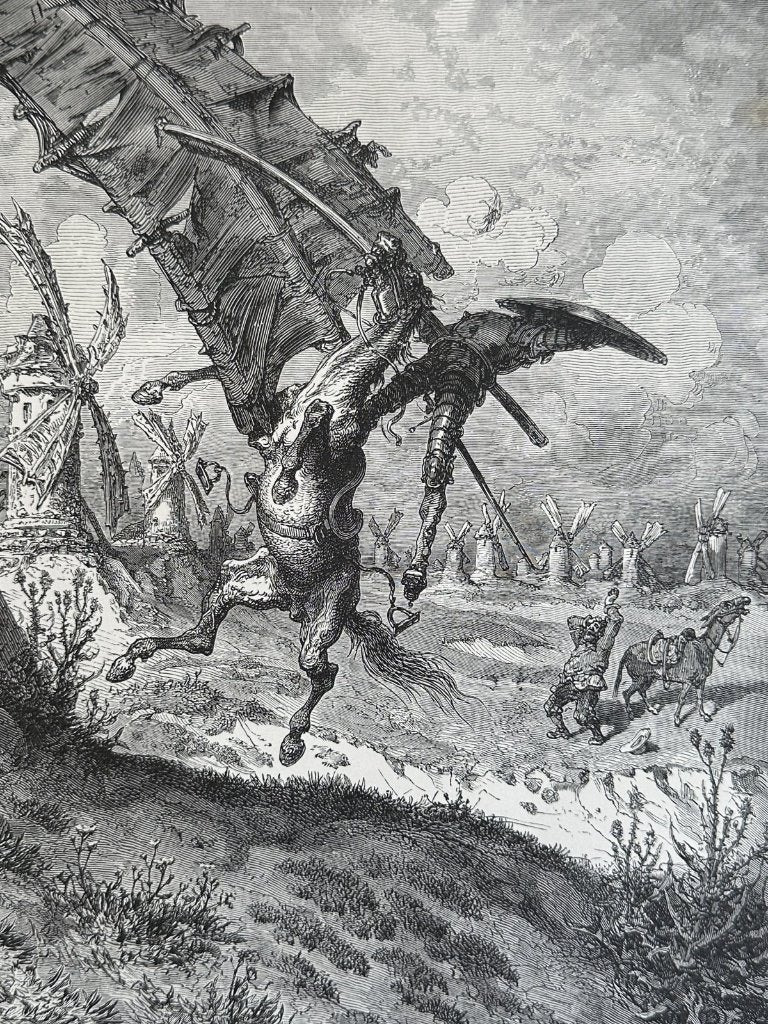 Don Quichot en de windmolens - Doré houtgravure 1890, Verzenden, Gravure, Blanco verso, 30 cm