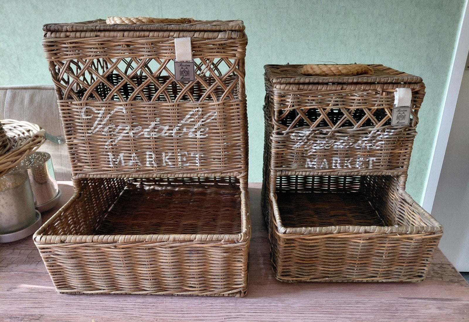riviera maison rattan Vegetable Market Basket groentemand 2x, Overige typen, Vierkant, Ophalen of Verzenden, Zo goed als nieuw