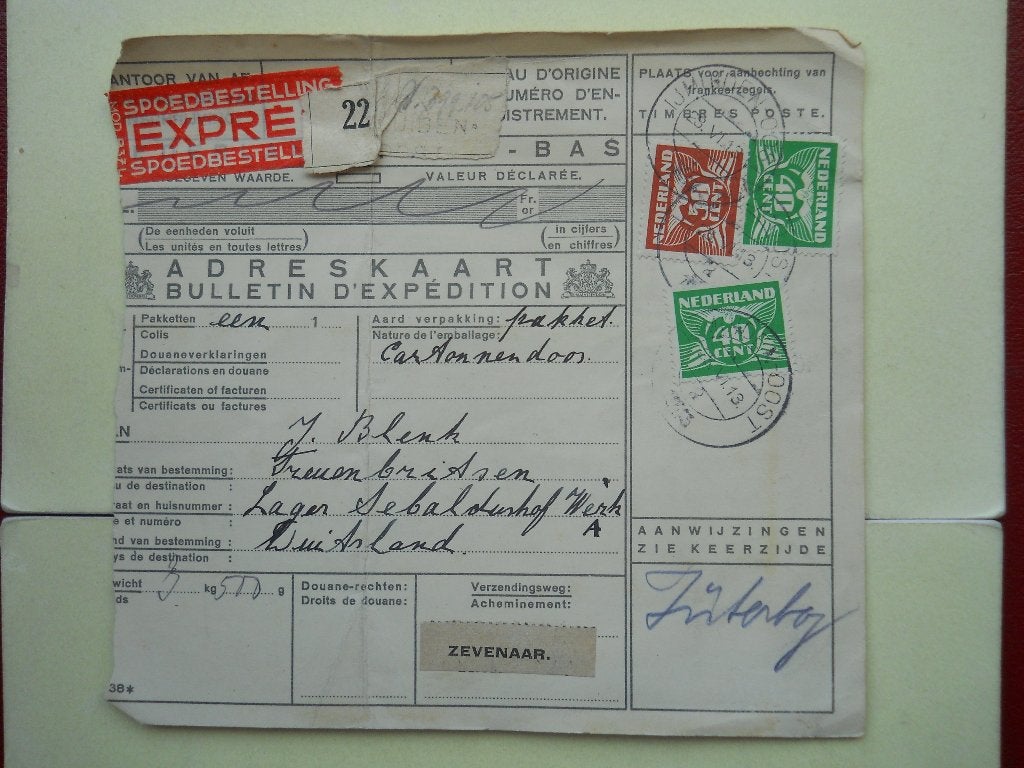 Nederland 1943 Expres Pakket IJmuiden-Lager Sebaldushof Werk, Postzegels en Munten, Brieven en Enveloppen | Nederland, Ophalen of Verzenden