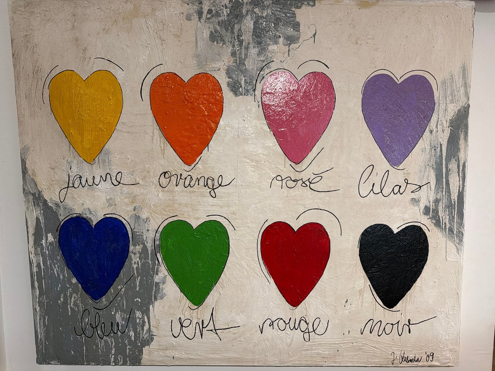 Schilderij met 8 gekleurde harten, gesigneerd '09, Antiek en Kunst, Kunst | Schilderijen | Klassiek, Ophalen