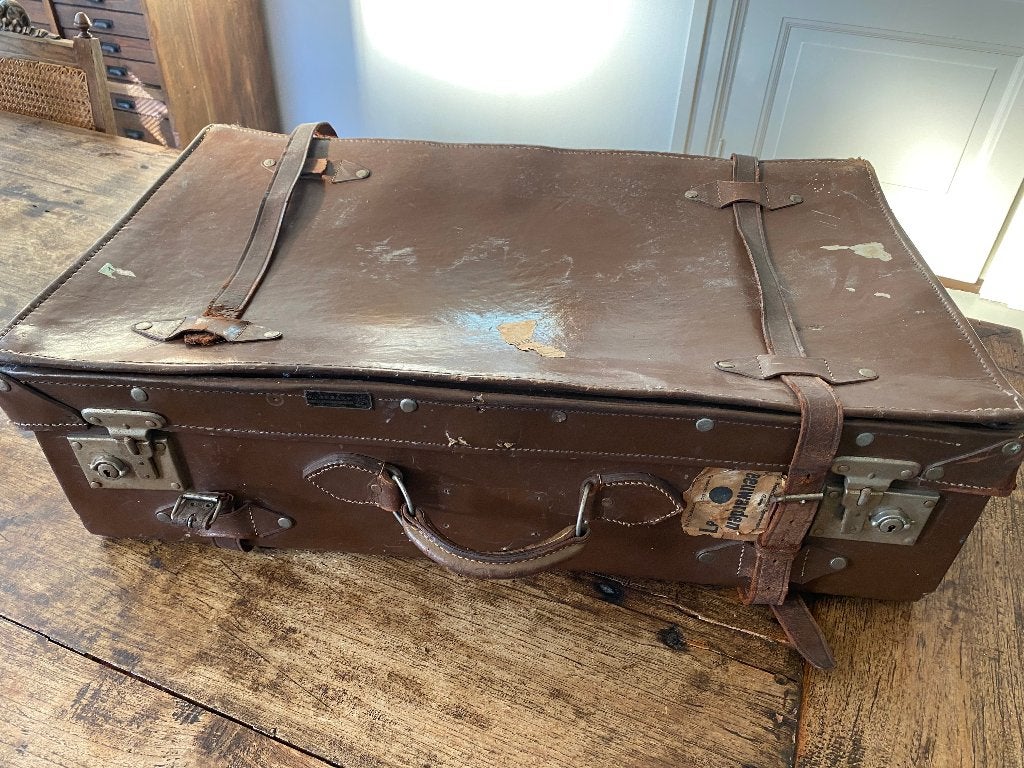 Koffer - bruin leer - afm. 78 x 42 x 22 - reiskoffer, patina, Ophalen of Verzenden
