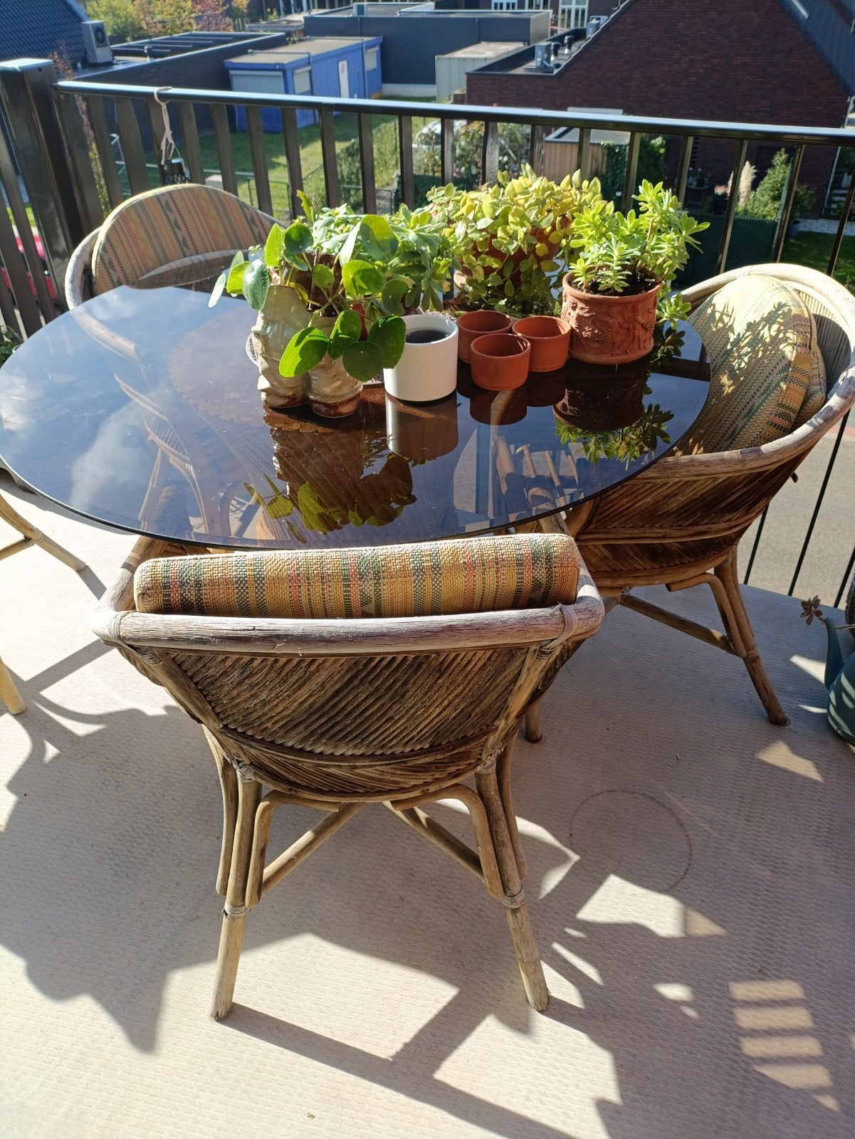 Rotan tuinset met glazen tafel en 4 stoelen, Ophalen, 4 zitplaatsen, Gebruikt, Rotan