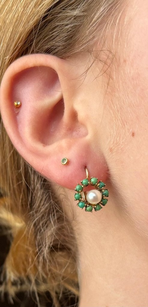 Turkoois edelsteen 14k gouden parel set oorbellen vintage, Voordeelsieraden, Ophalen of Verzenden, Zo goed als nieuw, Met edelsteen