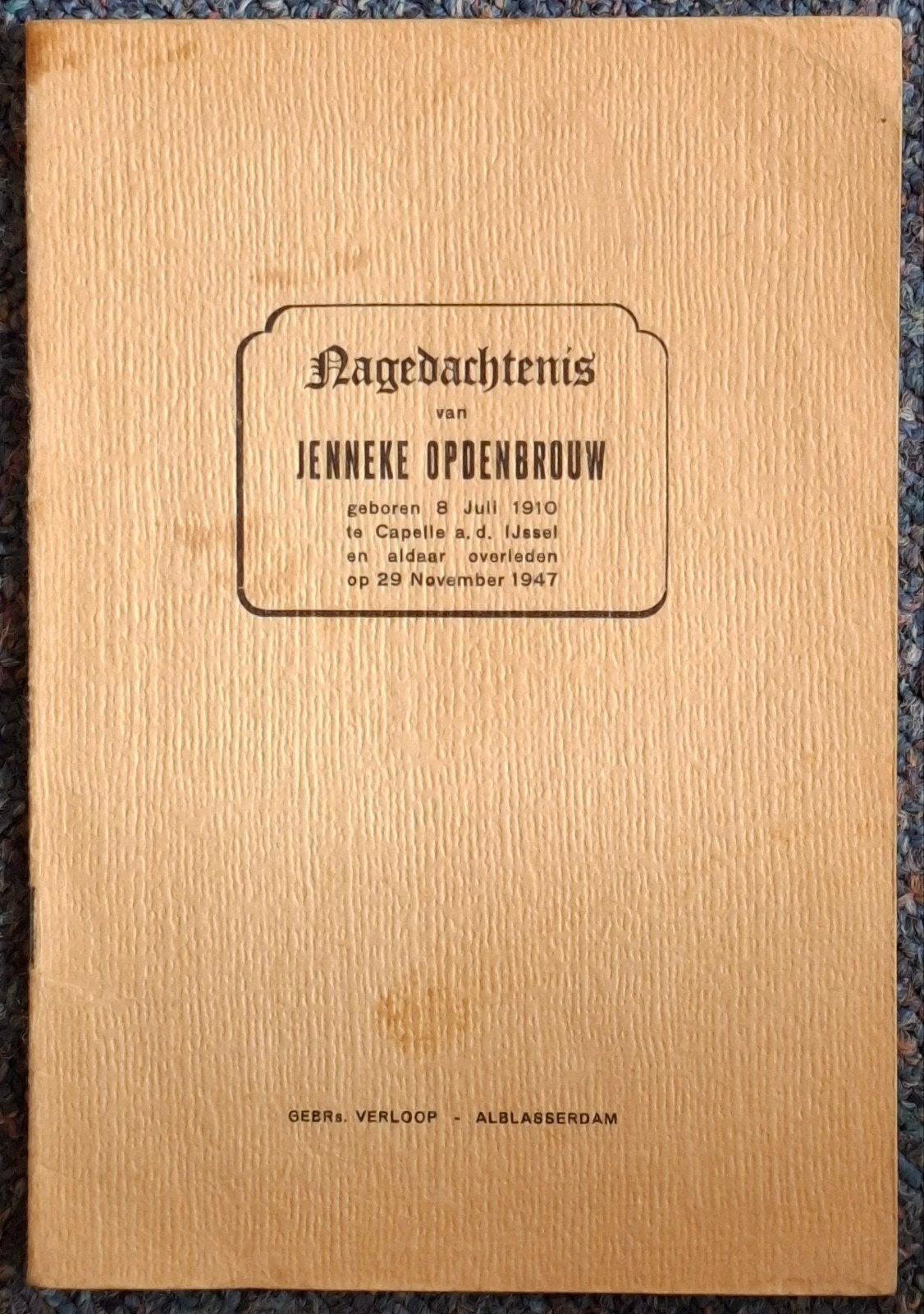 Nagedachtenis Jenneke Opdenbrouw - 1947, Ophalen of Verzenden