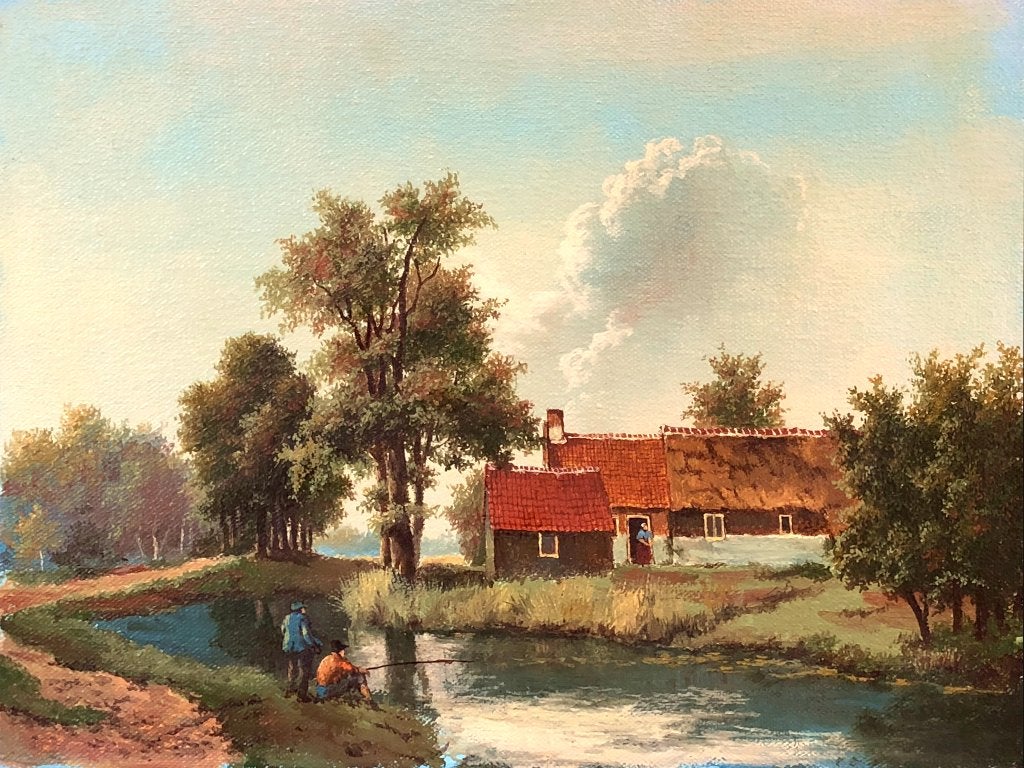 Schilderij 'Beeklandschap met vissers en huis',, Ophalen of Verzenden