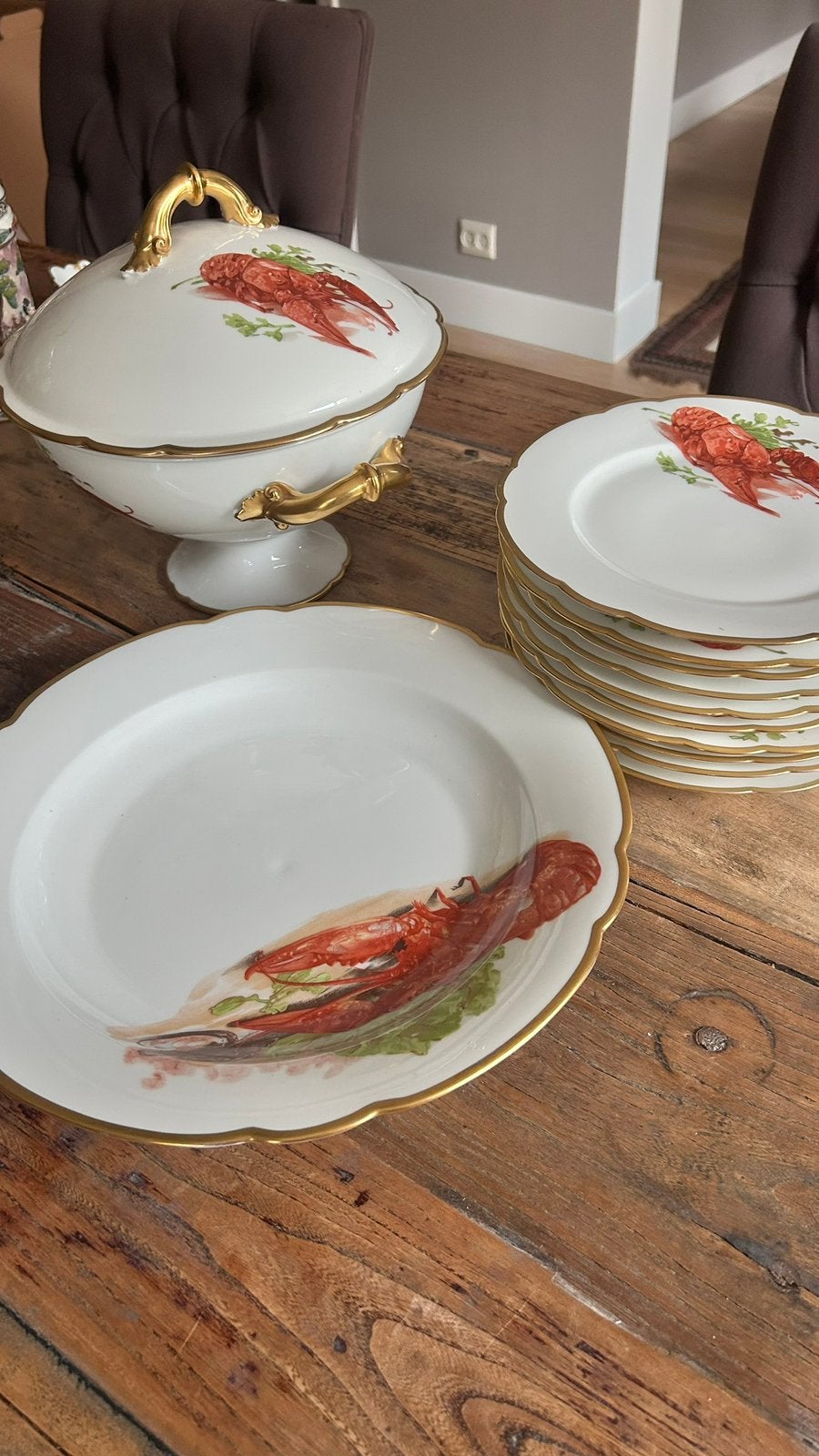 Antiek Belgisch servies met kreeftdecoratie – 12-delig, Ophalen of Verzenden