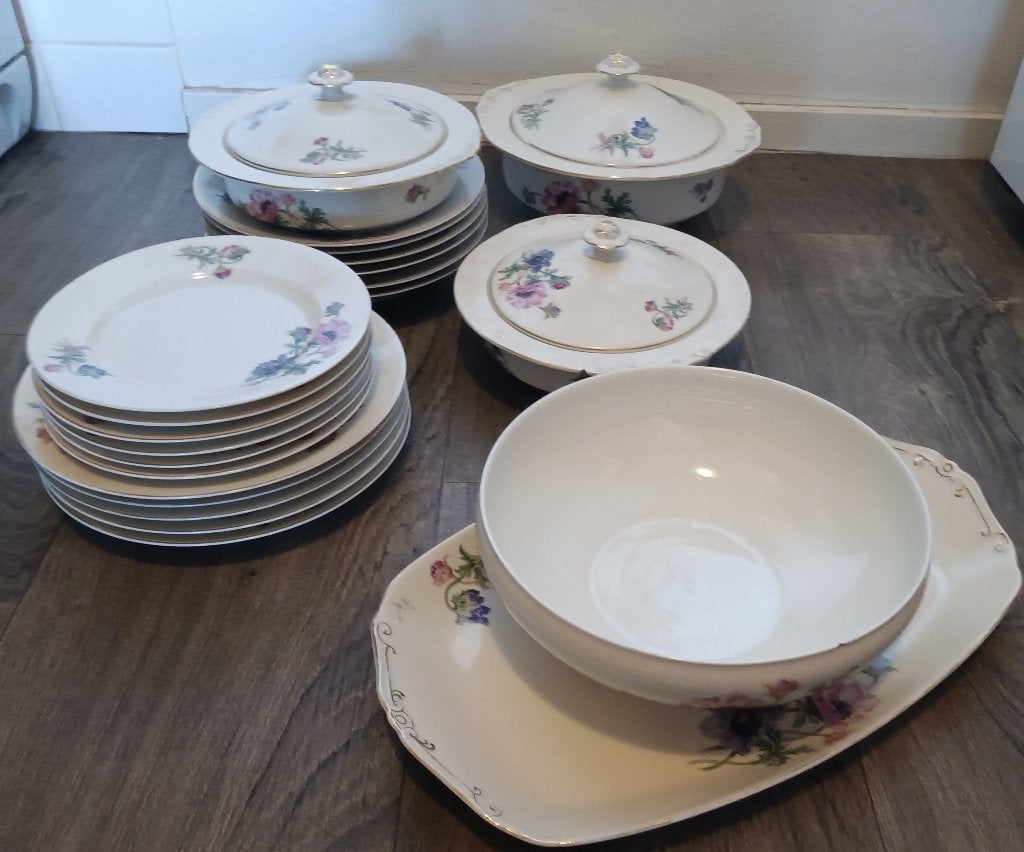 Antiek Pirkenhammer porseleinen eetservies met bloemendecor, Ophalen