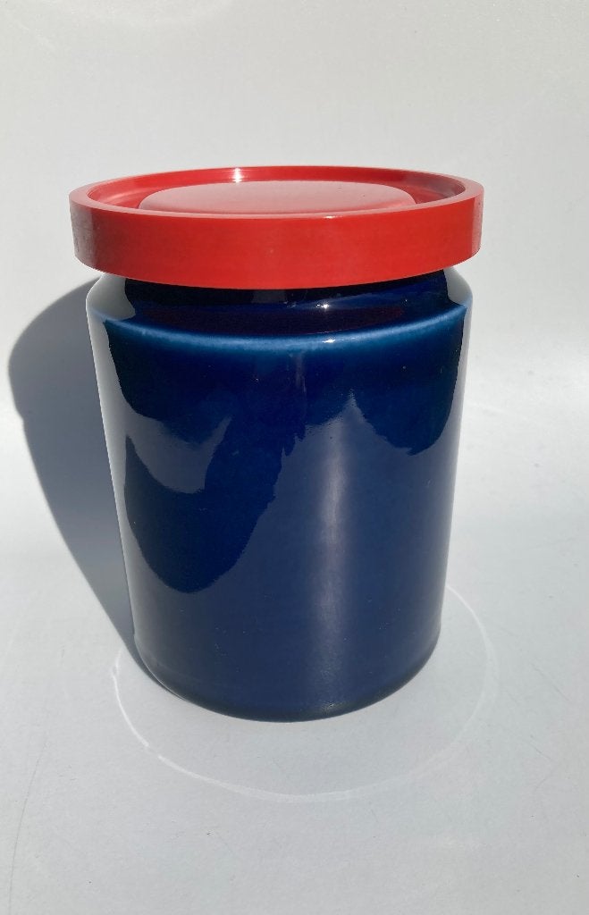 Ronde pot Arabia Finland blauw met rood deksel Richard Lindh, Ophalen of Verzenden