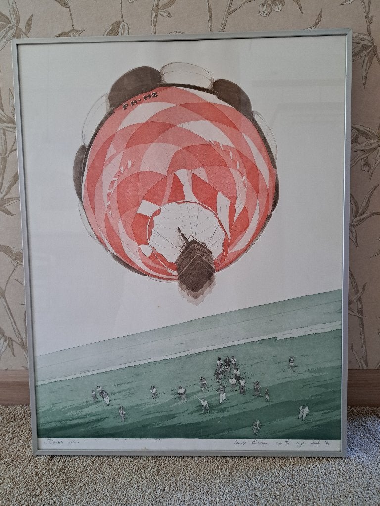 Ets Leentje Linders Luchtballon Titel: Double View, Antiek en Kunst, Ophalen, Ingelijst, Landschap, 1950 - 1999