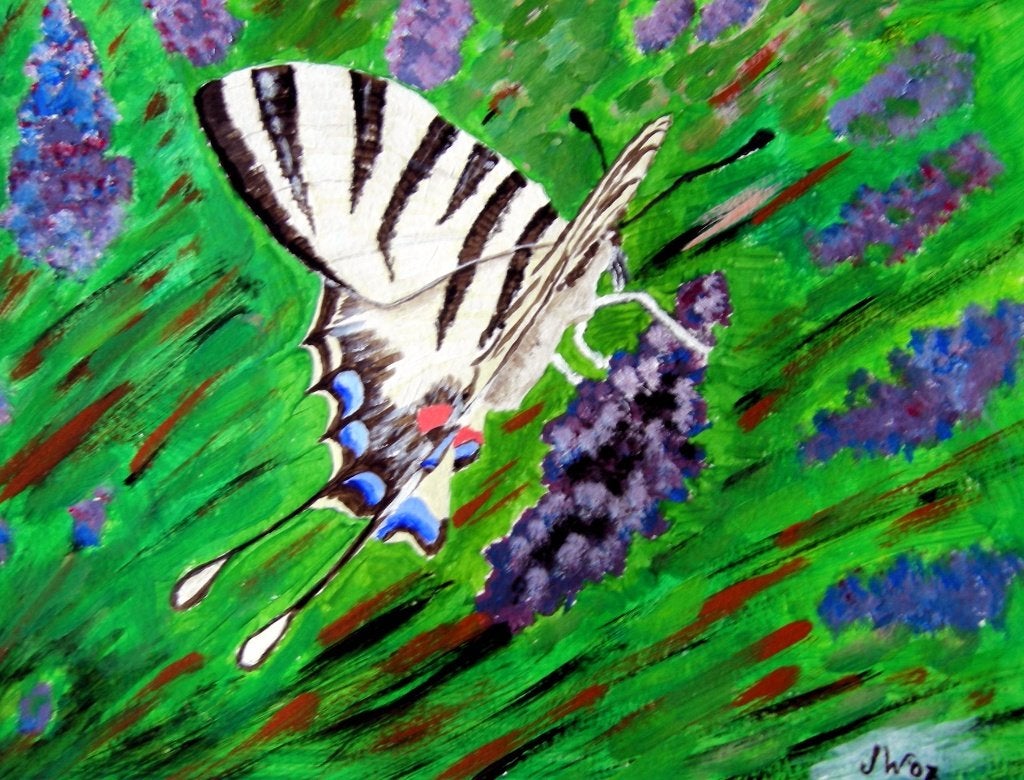 Koningspage tussen lavendel. Acryl op papier 30 x 40 cm, Antiek en Kunst, Kunst | Schilderijen | Modern, Acrylverf, Verzenden