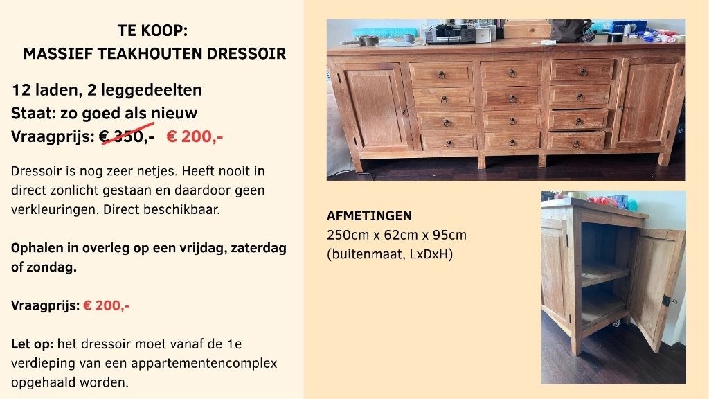 MASSIEF TEAKHOUTEN DRESSOIR - slechts € 200,-, Ophalen, Teakhout, Met lade(s), Modern, tijdloos, teakhout