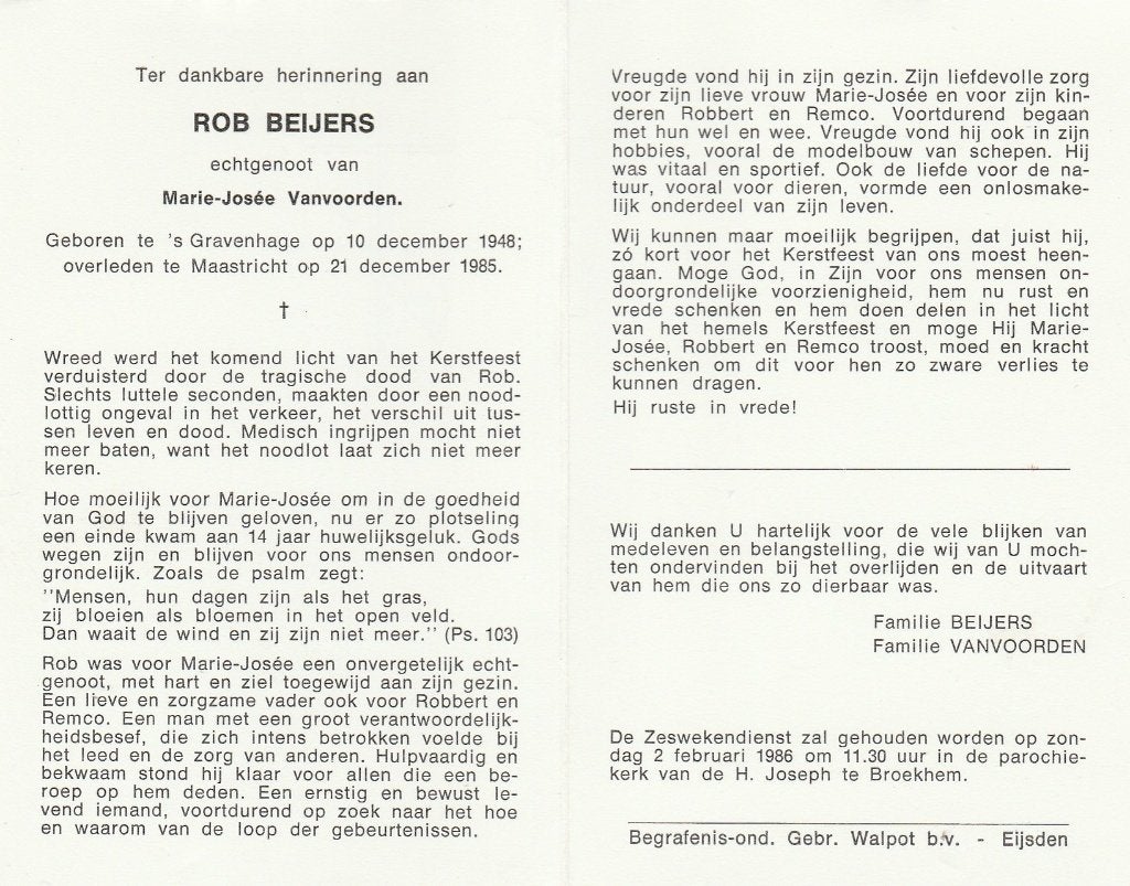 beijers-vanvoorden-den haag-maastricht 1985, Ophalen of Verzenden, Bidprentje