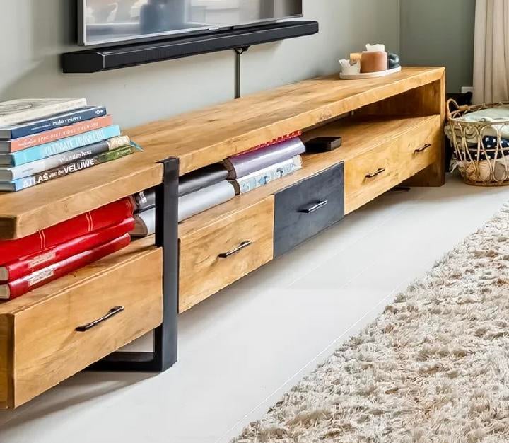 Robuust mangohout TV meubel, Ophalen, Zo goed als nieuw, 25 tot 50 cm, Minder dan 100 cm