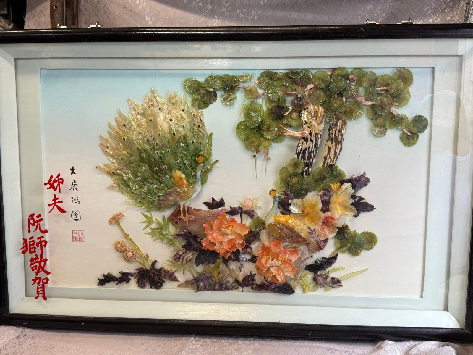 Uniek schelpen Parelmoer Kunstwerk met Pauwen en Bloemen, Antiek en Kunst, Achter glas, Overige stijlen, Dieren, Ophalen of Verzenden