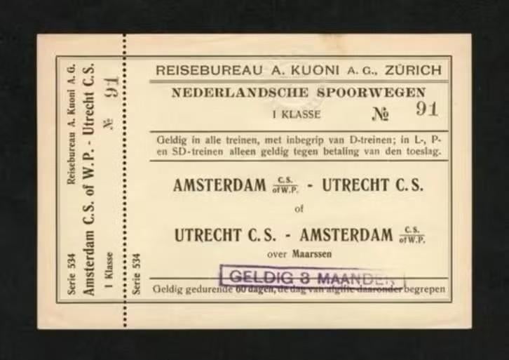 Treinkaartje Nederlandsche Spoorwegen Amsterdam Utrecht., Ophalen of Verzenden, Zo goed als nieuw