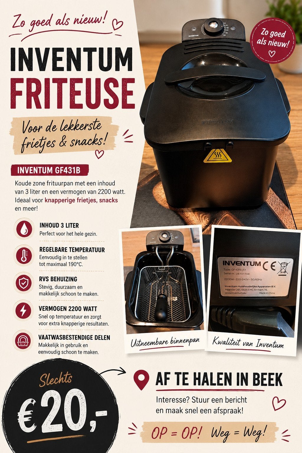 Inventum Friteuse GF431B - Zo goed als nieuw!, 2 tot 3 liter, Ophalen of Verzenden, Zo goed als nieuw, Uitneembare binnenpan