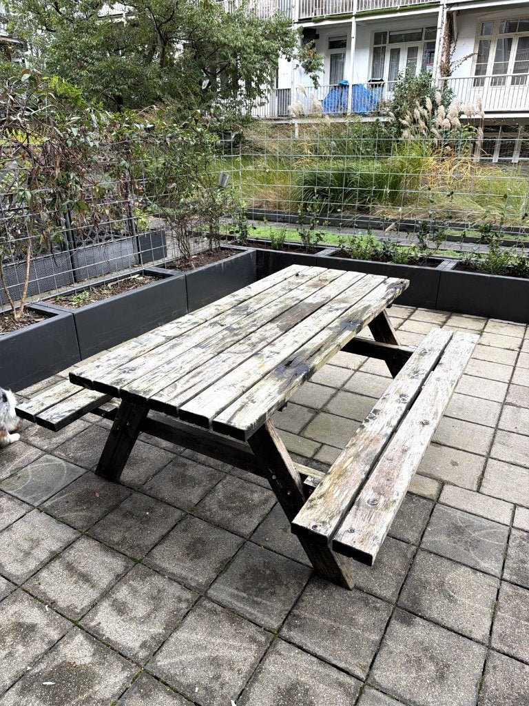 Gratis houten picknicktafel 177x160 cm - ophalen, Ophalen, Gebruikt, Inklapbaar, Rechthoekig